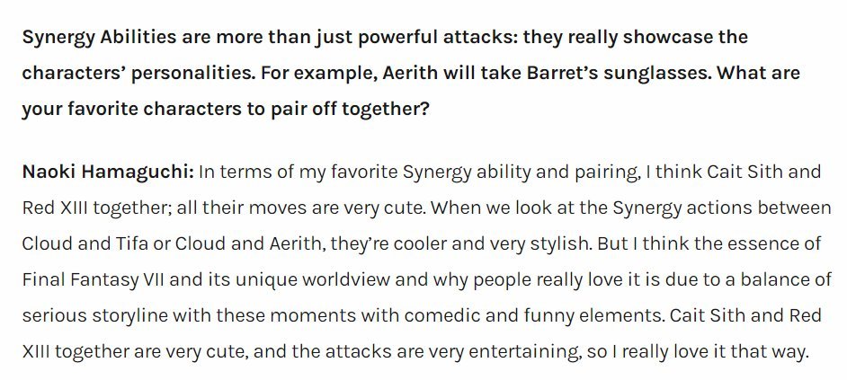 ShinraArch's tweet image. FFVII Rebirth Director Naoki Hamaguchi says that his favorite synergy pairing is Cait Sith and Red XIII because all their moves are very cute. (primagames, 2/29/2024)