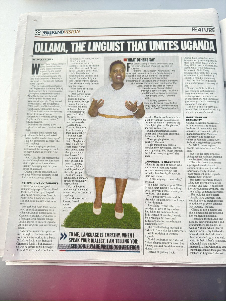 Claire Ollama (@ollamson) on Twitter photo <a href="/newvisionwire/">The New Vision</a> called me “the linguist uniting Uganda.”
But truly, mine is a service of language, not title.From Wu ai nenedi to Saba kefin ti maraire muta , every dialect I speak is a door.
My gift may be speech but our mission is shared:
To help every Ugandan be seen by <a href="/newvisionwire/">The New Vision</a> called me “the linguist uniting Uganda.”
But truly, mine is a service of language, not title.From Wu ai nenedi to Saba kefin ti maraire muta , every dialect I speak is a door.
My gift may be speech but our mission is shared:
To help every Ugandan be seen by