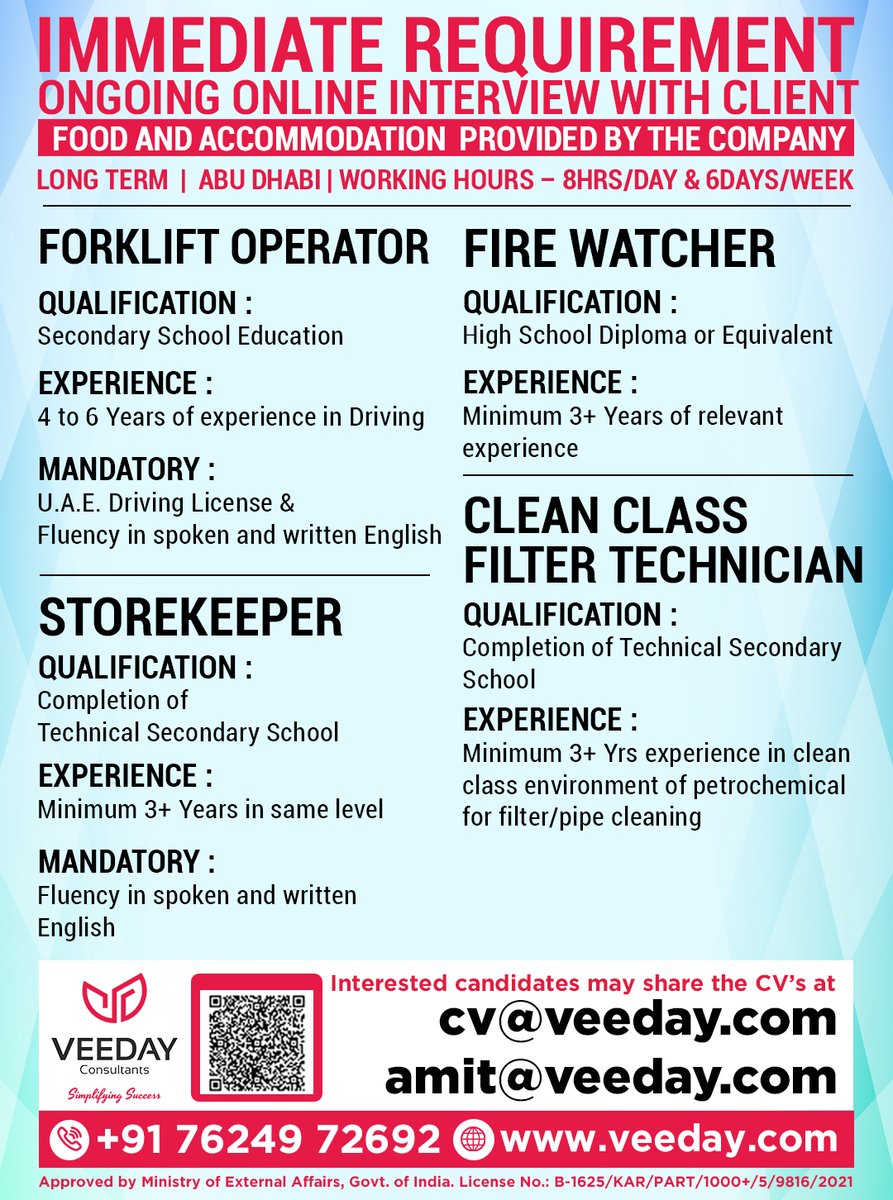 IMMEDIATE REQUIREMENT 
ONGOING ONLINE INTERVIEW WITH CLIENT

#AbuDhabiJobs #ForkliftOperator #FireWatcher #Storekeeper 
#FilterTechnician #OilAndGasJobs #MiddleEastJobs #LongTermJobs 
#EPCJobs #ImmediateHiring #VeedayRecruitment #UAEJobs