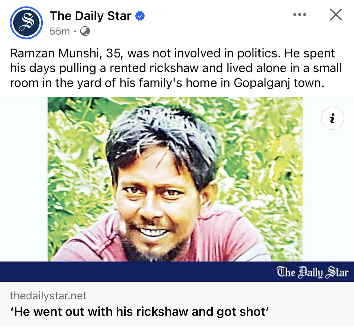 MAarafat71's tweet photo. Ramzan Munshi, 35, was not involved in politics. He spent his days pulling a rented rickshaw and lived alone in a small room in the yard of his family's home in Gopalganj town. -Daily Star

Yunus @Yunus_Centre commended the army and police for their action, but he did not offer any condolences or condemnation for the five killings.

Source: https://t.co/RleqyswTcX

@ESandersFCDO @hrw @UNHumanRights @UNHCR_BGD @amnesty @IHRF_English @IHumanRightsC @IhrcE @FCDOHumanRights @RFKHumanRights @SouthAsiaHudson 
@EUAmbBangladesh 
@CWhiteleyEU @PAMPALONIPAOLA 
@husainhaqqani @geoffreymacdon @DerekJGrossman @MichaelKugelman @dhume @CJBdingo25 @Chellaney @mrubin1971
@suhasinih @naomi2009 @Kai_Schultz @SaharZand @_rachaelthorn @bulutuzay_ @SamiraHussain15 @CharlieCamp6ell @b_parkyn @anbarasanethi @KylieGrey @JohnReedwrites @diaahadid 
@CordeliaSkyNews @SkyNews 
@ChathamHouse @bronwenmaddox