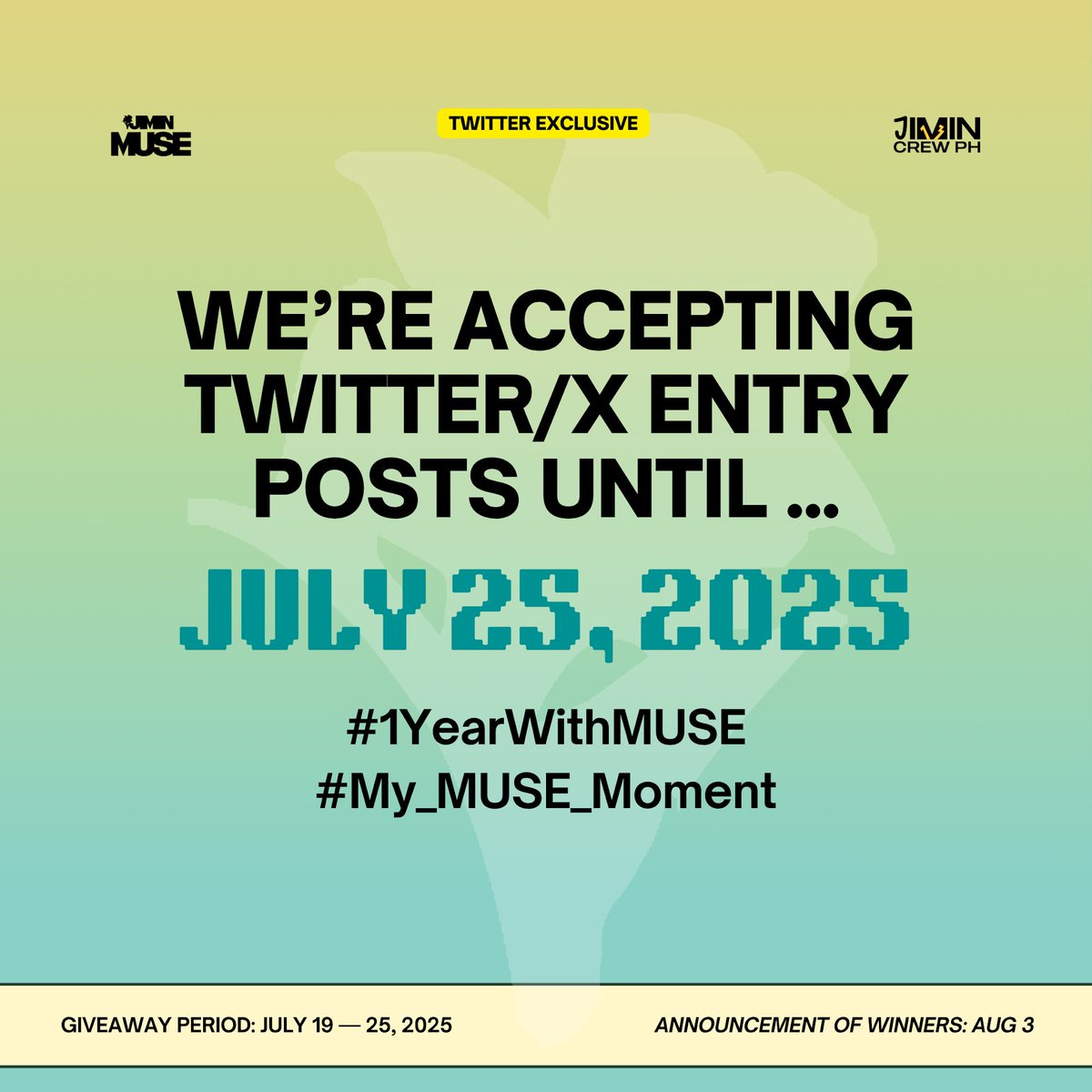 Twitter Xclusive | 𝗝𝗜𝗠𝗜𝗡 𝗠𝗨𝗦𝗘 𝟭𝗦𝗧 𝗔𝗡𝗡𝗜𝗩 𝗚𝗜𝗩𝗘𝗔𝗪𝗔𝗬

Sharing memories— What is your “MUSE MOMENT” ? 

Be 1 of our 13 winners! Please read our GA mechanics in full, so your entry tweets will be valid.

Shipping within 🇵🇭 only.

#1YearWithMUSE #My_MUSE_Moment