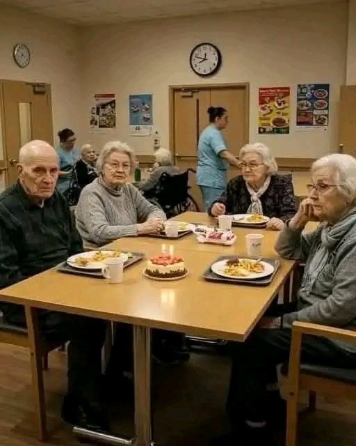 They are all elderly people sent to retirement homes. Among them, on the far left, is Bernard. Today is his 89th birthday. The little cake in front of him, he does not know who has prepared it, nor if someone will wish him a happy birthday. 
Bernard has three children, but he