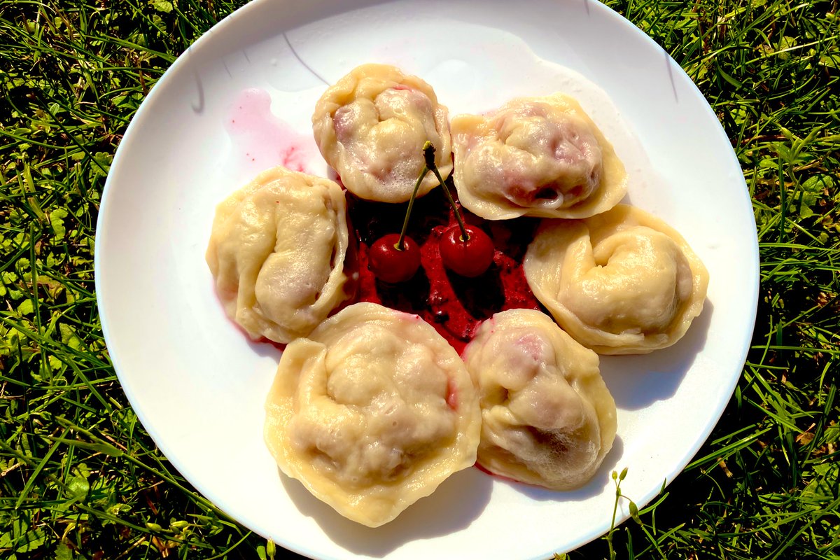 リトアニア🇱🇹の餃子といえば、夏の最高の中身は… さくらんぼ🍒とブルーベリー🫐です
食べたことありますか？
この餃子は🥟šaltanosiai といいます
いただきます🙇