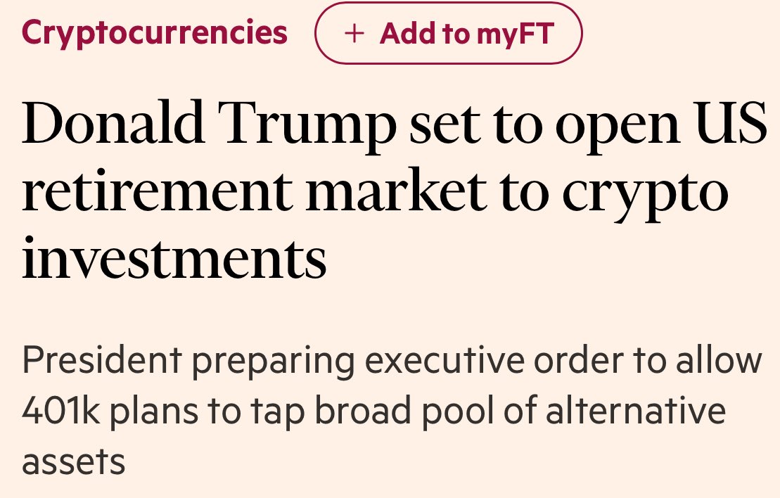 PiusSprenger's tweet image. 🚨WOW! TRUMP OPENS $9 TRILLION U.S. RETIREMENT MARKET TO $BTC!🚀

Source: @FT