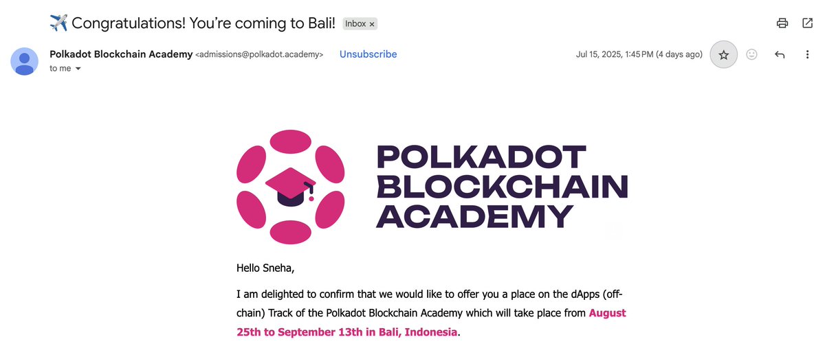 sneha_1907's tweet image. Super excited to join Polkadot Blockchain Academy in this August!
I’ll be diving deep into the dApps (off‑chain) track and learning from the amazing @Polkadot community.
Can’t wait to learn, build, and connect with incredible builders