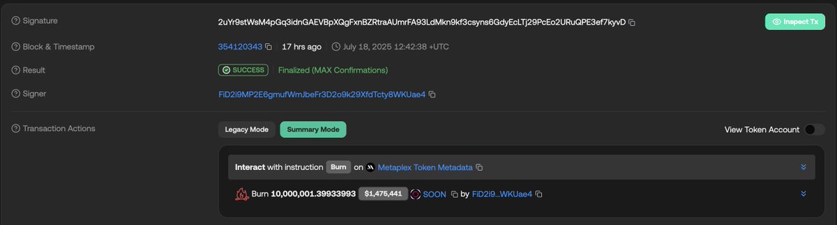 Update: Burned 10M more tokens yesterday from CEX buybacks! 

Total burned this week: 17.7M SOON (1.7% of total supply) 
Still to burn: 1.3% more to reach our 3% target

Everything done in public, everything transparent.

We're still here. We're still building. We keep our