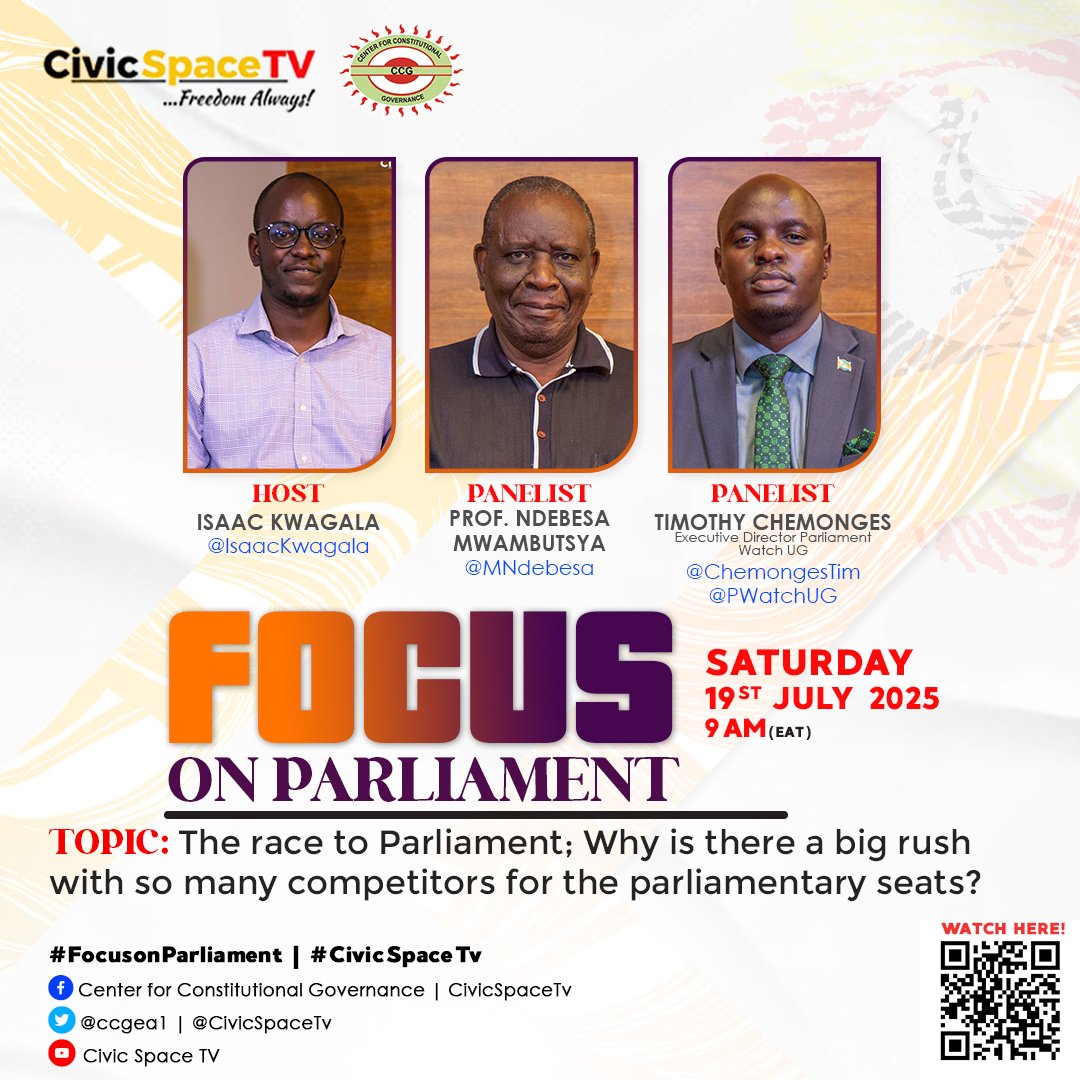 Center for Constitutional Governance (CCG) (@ccgea1) on Twitter photo The race to Parliament; why is there a big rush with so many competitors for the parliamentary seats? #FocusOnParliament showing on #CivicSpaceTV
Link:youtu.be/XH4XTB2d3c4
<a href="/IsaacKwagala/">Isaac .S. Kwagala</a> <a href="/MNdebesa/">Mwambutsya Ndebesa</a> <a href="/ChemongesTim/">Chemonges. M. Timothy</a> <a href="/pwatchug/">Parliament Watch</a> <a href="/centre4policy/">CEPA</a> <a href="/SarahBireete/">Dr. Bireete Sarah</a> <a href="/ccgea1/">Center for Constitutional Governance (CCG)</a> The race to Parliament; why is there a big rush with so many competitors for the parliamentary seats? #FocusOnParliament showing on #CivicSpaceTV
Link:youtu.be/XH4XTB2d3c4
<a href="/IsaacKwagala/">Isaac .S. Kwagala</a> <a href="/MNdebesa/">Mwambutsya Ndebesa</a> <a href="/ChemongesTim/">Chemonges. M. Timothy</a> <a href="/pwatchug/">Parliament Watch</a> <a href="/centre4policy/">CEPA</a> <a href="/SarahBireete/">Dr. Bireete Sarah</a> <a href="/ccgea1/">Center for Constitutional Governance (CCG)</a>
