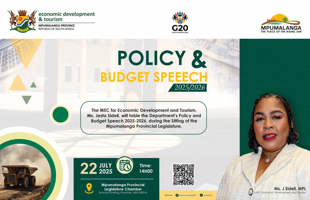 Mpumalanga Economic Development and Tourism (@dedtmp) on Twitter photo MEC TO TABLE THE 2025-2026 POLICY AND BUDGET SPEECH For <a href="/dedtmp/">Mpumalanga Economic Development and Tourism</a>
In her Policy and Budget Speech, the MEC will provide a detailed account of the achievements of the Department and its Public Entities, during the financial year ended 31 March 2025. MEC TO TABLE THE 2025-2026 POLICY AND BUDGET SPEECH For <a href="/dedtmp/">Mpumalanga Economic Development and Tourism</a>
In her Policy and Budget Speech, the MEC will provide a detailed account of the achievements of the Department and its Public Entities, during the financial year ended 31 March 2025.