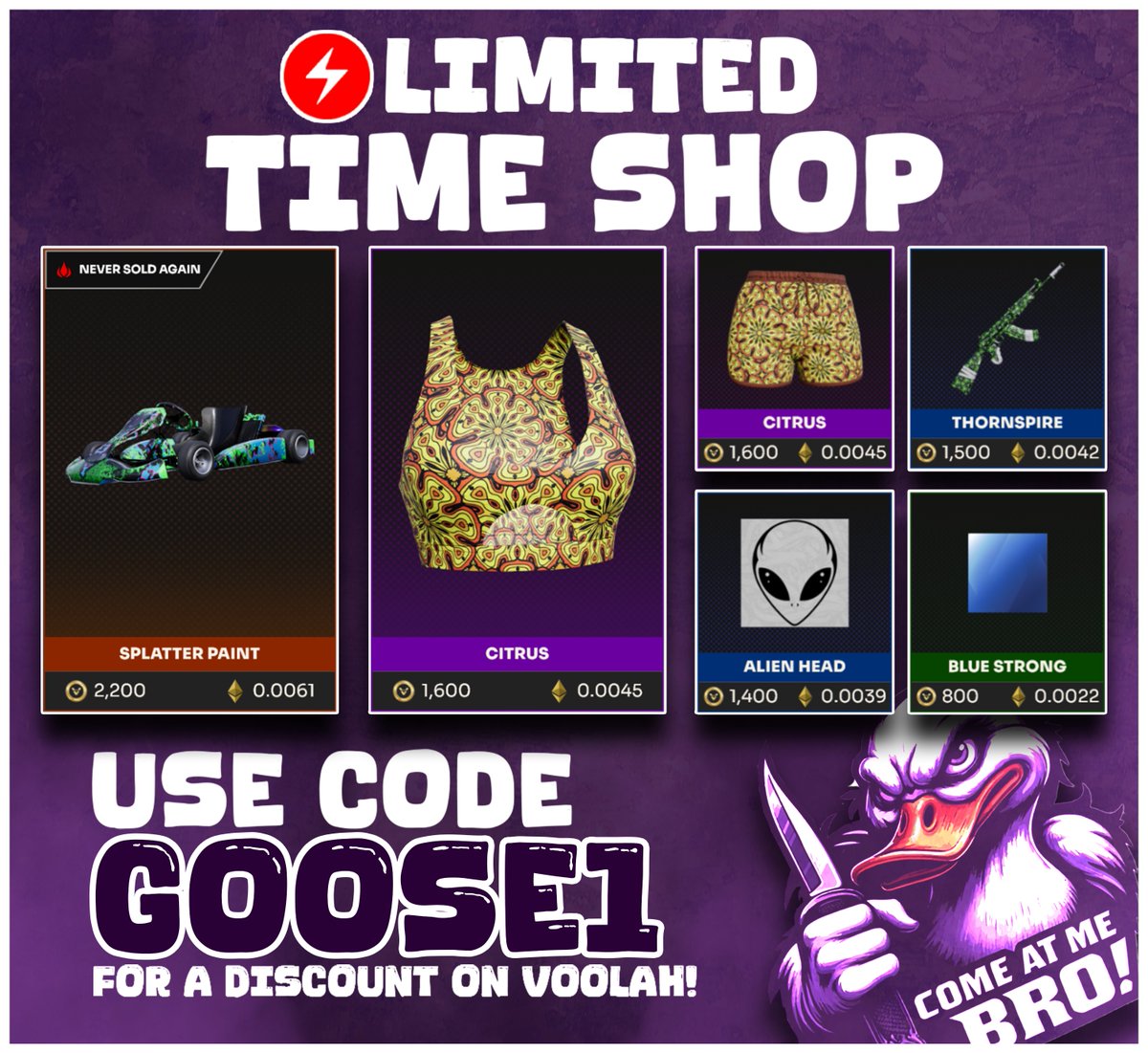 0x_Goose's tweet image. ⚡️ New Limited Time Shop..                                            
Code [GOOSE1] for a discount on Voolah!
@KOMPETEgame