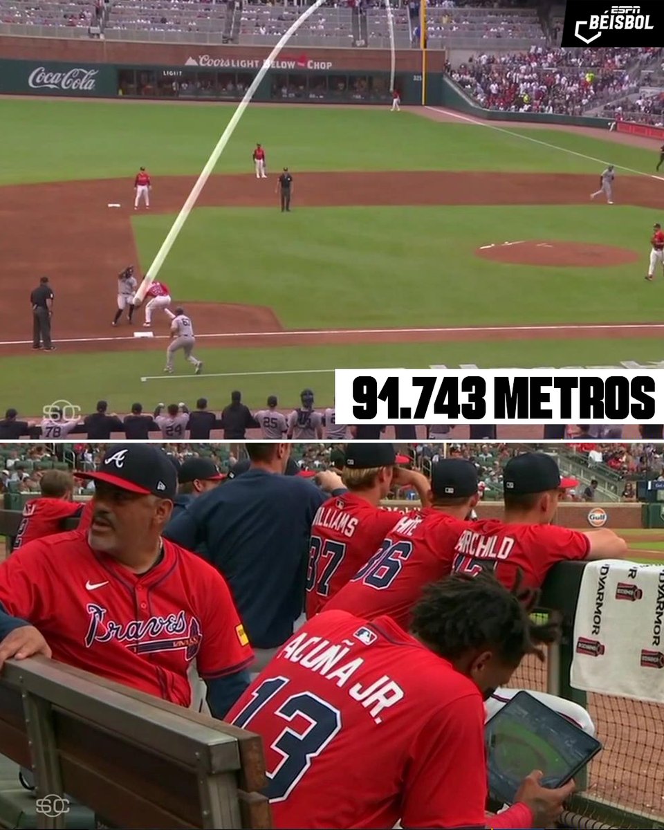 El lanzamiento de Ronald Acuña Jr. de 301 pies (91.743 metros) -sin rebotes- es la asistencia desde los jardines más larga de esta temporada. 📏🤓 

91 metros es prácticamente todo un campo de fútbol americano, o apenas un metro más que el mínimo reglamentario del largo de una