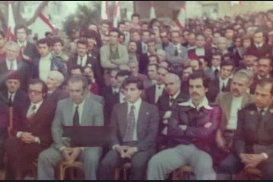 LebBlitz's tweet image. A rare photo of President Bachir Gemayel at an event in Kahale's Mar Elias Church Square in May 1977, Georges Adwan, Michel Aoun, Karim Pakradouni and others can be seen.