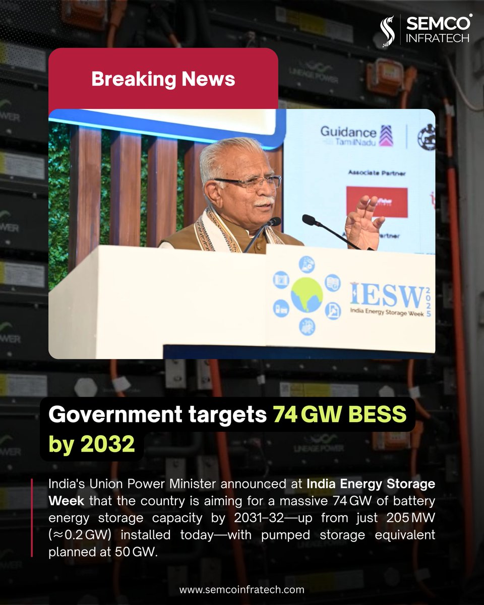 #BigNews! At <a href="/IndiaESA/">IESA</a>, the <a href="/MinOfPower/">Ministry of Power</a> Shri Manohar Lal Khattar announced that India aims for 74 GW of Battery Energy Storage Systems #BESS by 2031-32, a significant increase from the current 205 MW,coupled with a 50 GW #pumpedstorage target.
