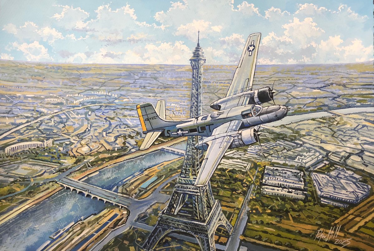 petehill854's tweet image. Painting just completed, commission for an overseas buyer. Douglas A-26, based on a true incident of an attempt to fly beneath the Eiffel Tower after VE-Day in 1945.
Acrylic on paper 42 x 29cm