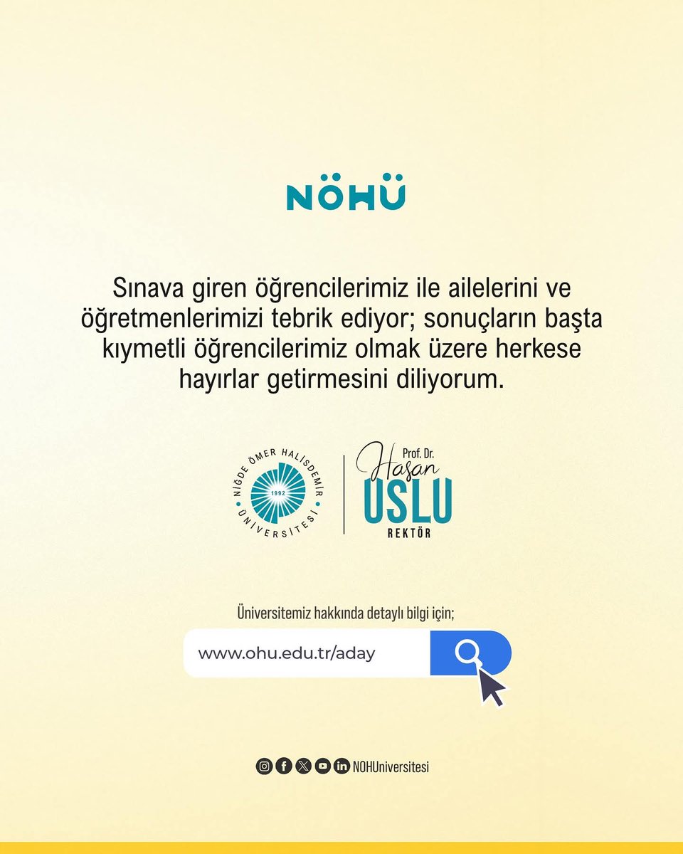 Sevgili aday öğrenci; Tebrikler, emeklerinin karşılığını aldın! 👏  

Şimdi sırada seni hayallerine ulaştıracak üniversite var.  

Sosyal yönü güçlü, akademik kadrosu sağlam NÖHÜ seni bekliyor! 🎓  

#Tercih2025 
#HedefimNÖHÜ 
#NÖHÜ
#YıldızınBizimleParlasın
