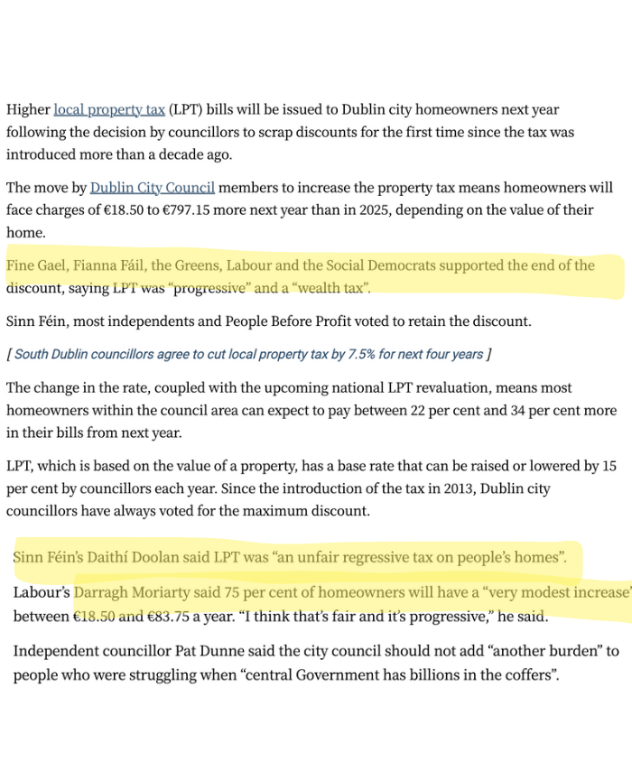 Local Property Tax is going up in Dublin.

Fine Gael, Fianna Fáil, Greens, Labour and the Social Democrats all supported it, calling it a “progressive wealth tax.”

Sinn Féin, People Before Profit and most independents opposed it.

The tax will generate €16 million a year for