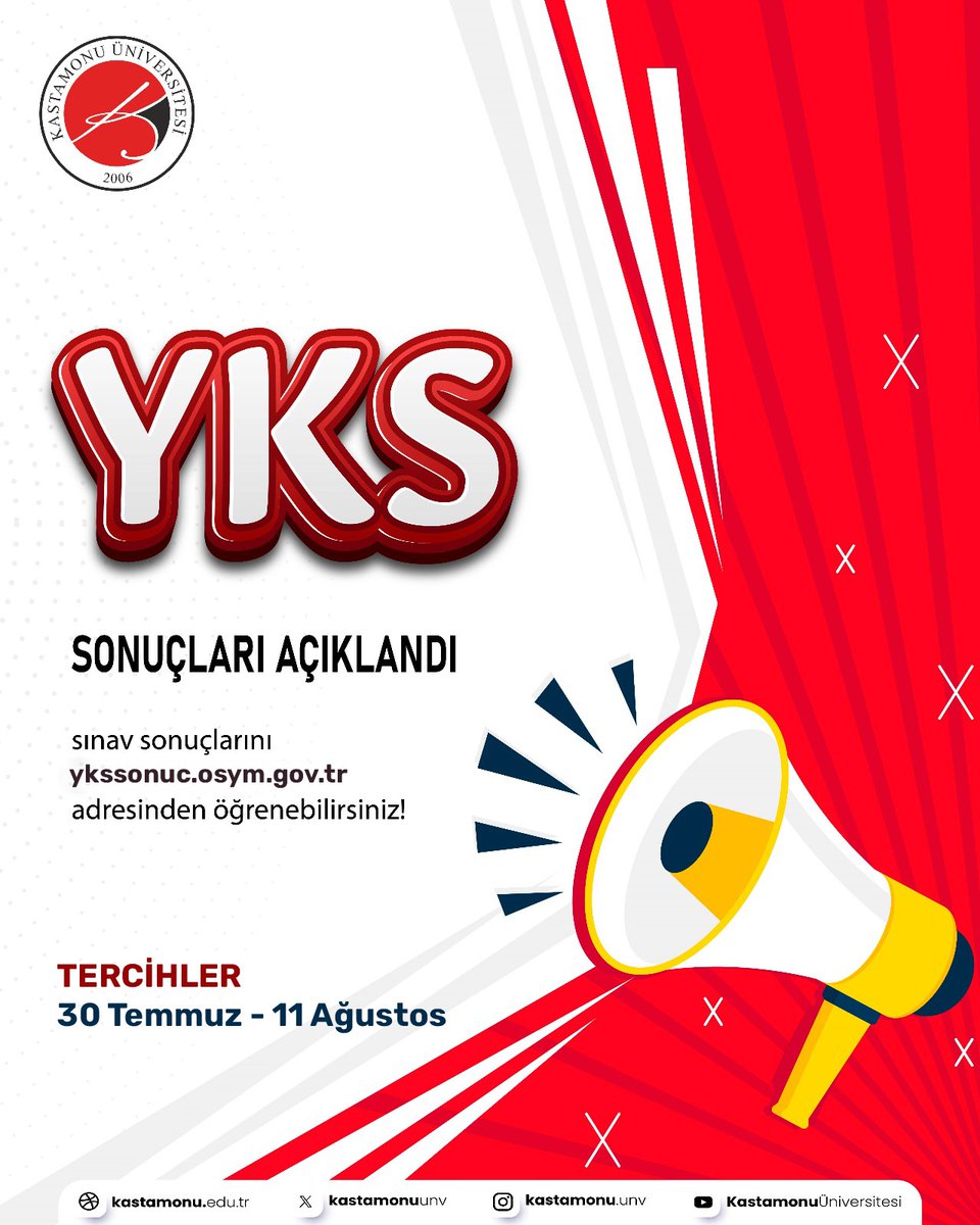 📢 YKS sonuçları açıklandı ❗❗ 

Tüm aday öğrencilerimize hayallerine ulaştıkları bir tercih dönemi geçirmelerini diliyoruz. 🍀😊 

📅 Tercihler: 30 Temmuz – 11 Ağustos 

Sizi Kastamonu'ya bekliyoruz! 🤗 

#ösym #yks25 #tercih
#KastamonuÜniversitesi
