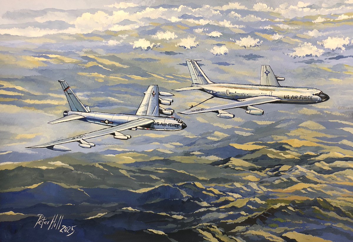petehill854's tweet image. Another acrylic just completed, this one also a commission for an overseas buyer.
Strategic Air Command B-52 being refuelled by a KC-135 tanker over the Alaskan corridor.
Acrylic on paper 42 x 29cm