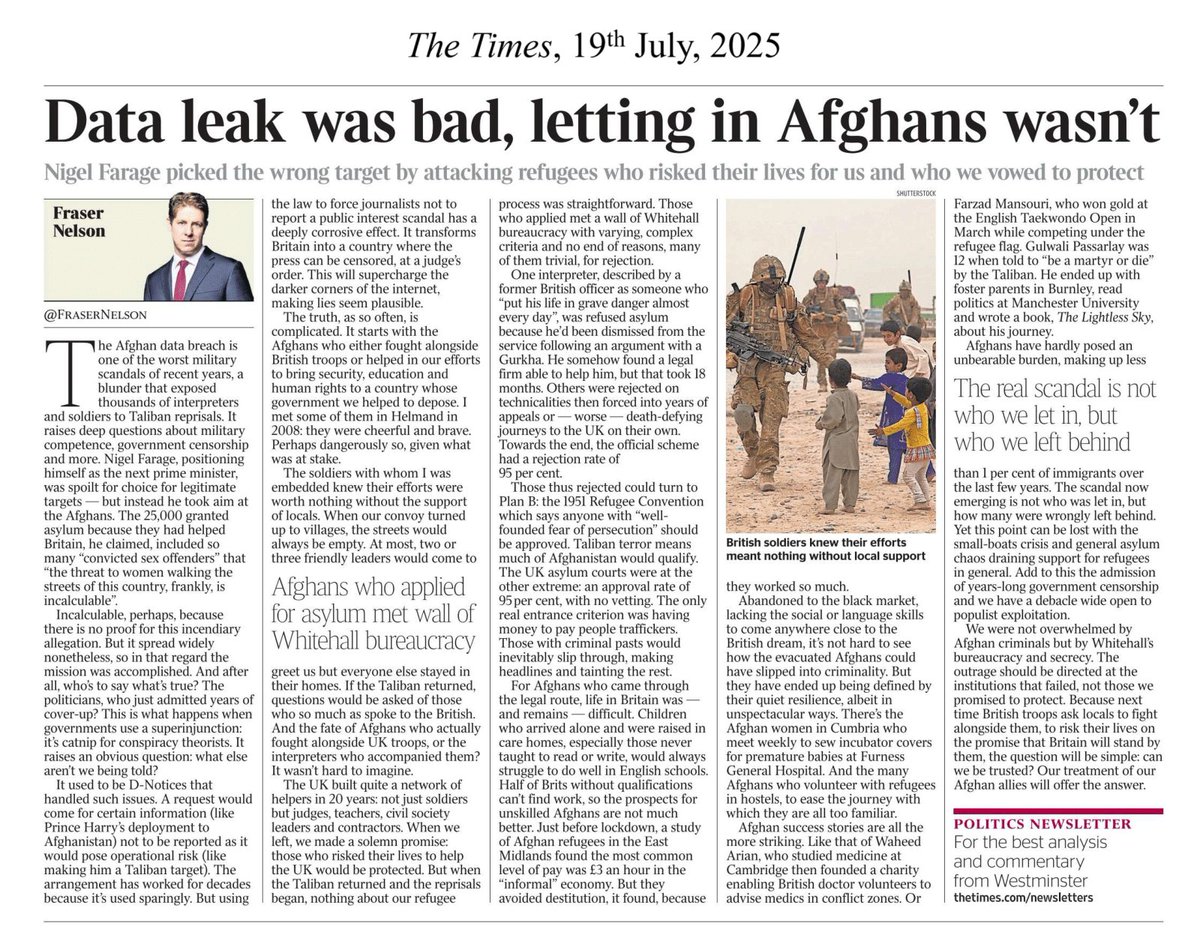 dtyt_2019's tweet photo. ‘#DataLeak was Bad, Letting in #Afghans Wasn’t’, Fraser Nelson, #TheTimes, 19/7/2025

#UK #UKpolitics #Reform #ReformUK #NigelFarage #refugees #Channelmigrants #illegalimmigrants #stoptheboats #BritishArmy #MoD #FCDO #Saturdaymorning #Taliban #Afghanistan #Labour #Tories #data https://t.co/ygyShTqUsm