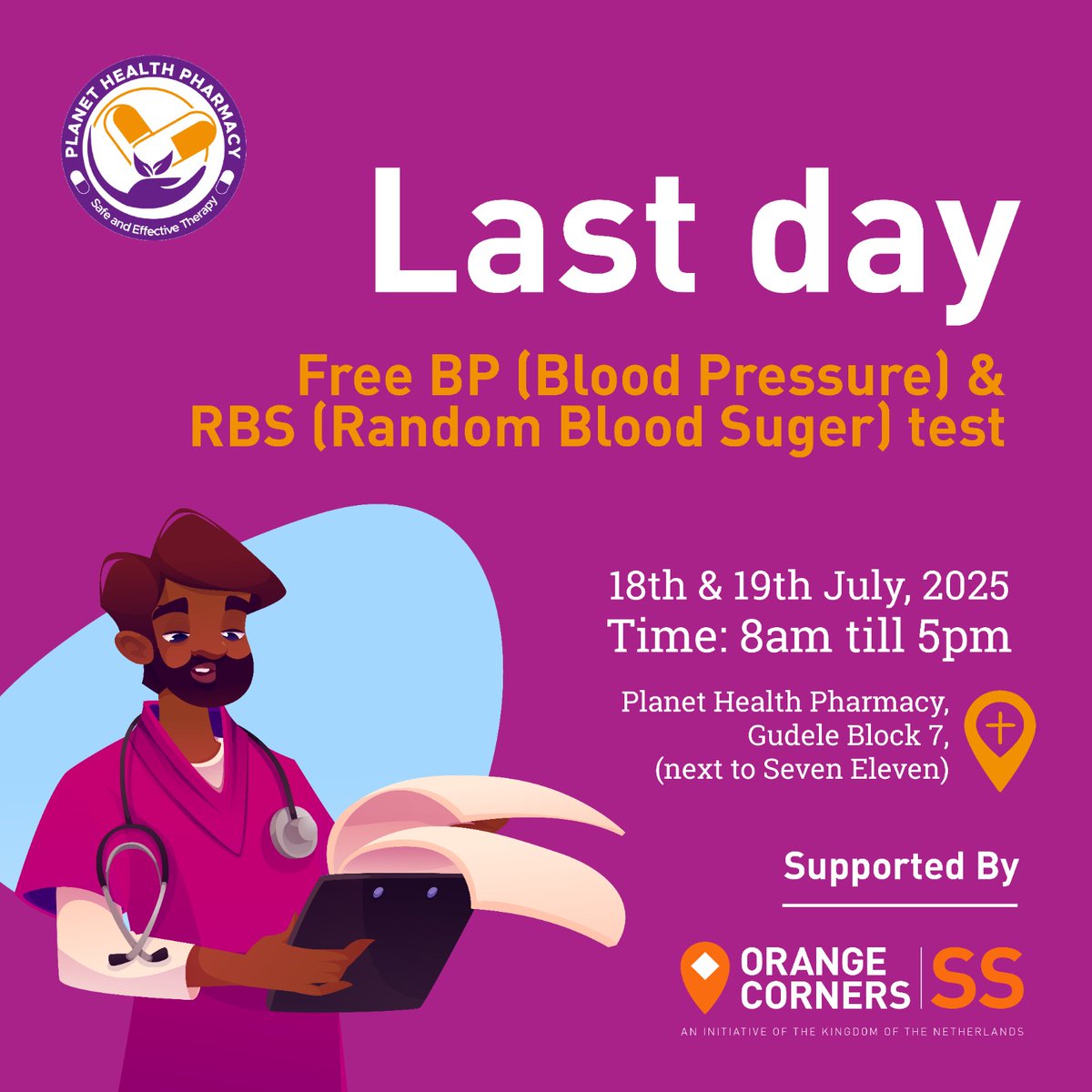 Orange Corners South Sudan (@orangecornersss) on Twitter photo 📣 Last Day !
Don't miss out on the Free Blood Pressure (BP) and Random Blood Sugar (RBS) testing happening at Planet Health Pharmacy! 🩺🧪
📅 Date: 18th & 19th July, 2025
⏰ Time: 8:00 AM – 5:00 PM
📍 Location: Planet Health Pharmacy, Gudele Block 7 (next to Seven Eleven) 📣 Last Day !
Don't miss out on the Free Blood Pressure (BP) and Random Blood Sugar (RBS) testing happening at Planet Health Pharmacy! 🩺🧪
📅 Date: 18th & 19th July, 2025
⏰ Time: 8:00 AM – 5:00 PM
📍 Location: Planet Health Pharmacy, Gudele Block 7 (next to Seven Eleven)