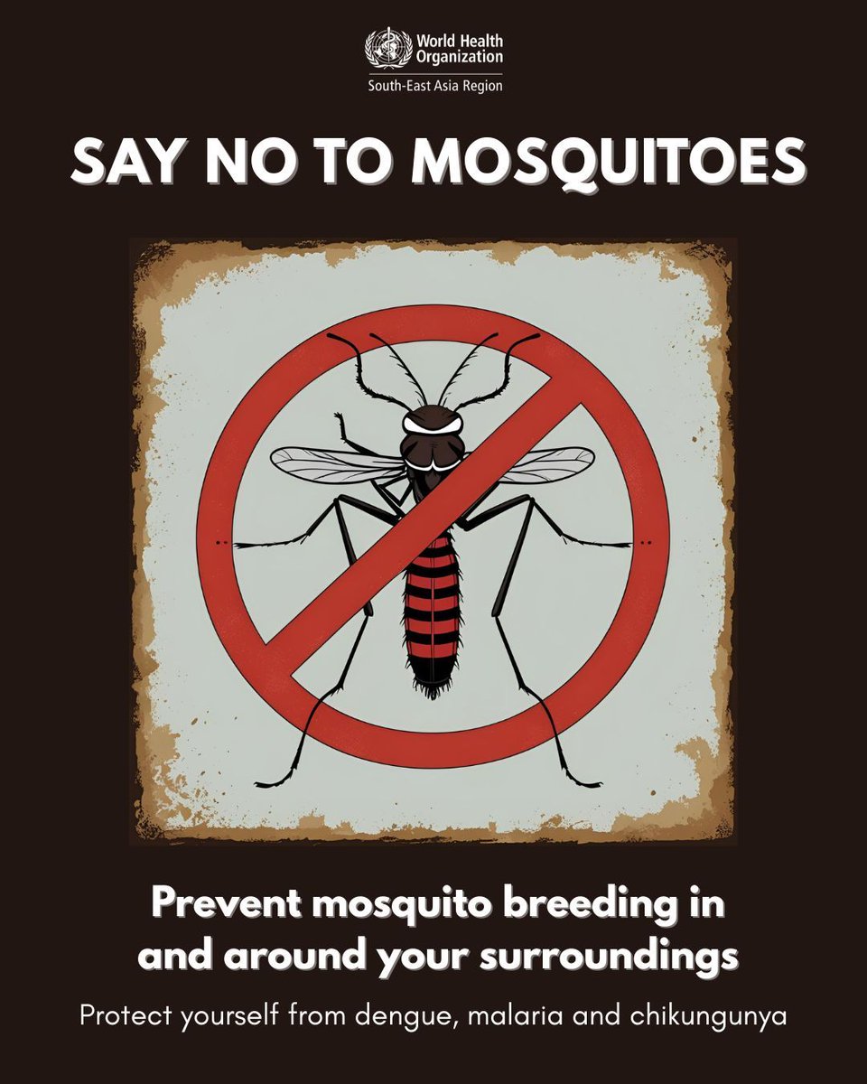 WHOSEARO's tweet image. Prevent mosquito breeding and protect yourself and your family from #mosquito 🦟 bites. Follow these steps to protect against dengue, malaria and other vector borne diseases
✅ Drain stagnant water from your surroundings
✅ Empty tanks/coolers weekly
✅ Use mosquito nets when…