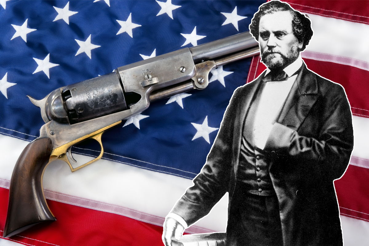 mariobianchi18's tweet photo. Il #19luglio 1814 nasceva #SamuelColt. Colonnello dell'esercito brevettò nel 1836 una pistola a cilindro rotante, il primo modello (cal. 34) prodotto nel 1838 nella fabbrica d'armi da lui impiantata nel New Jersey. Nel 1847 iniziò la produzione della famosa rivoltella cal. 44. https://t.co/u5AjpWtlcb