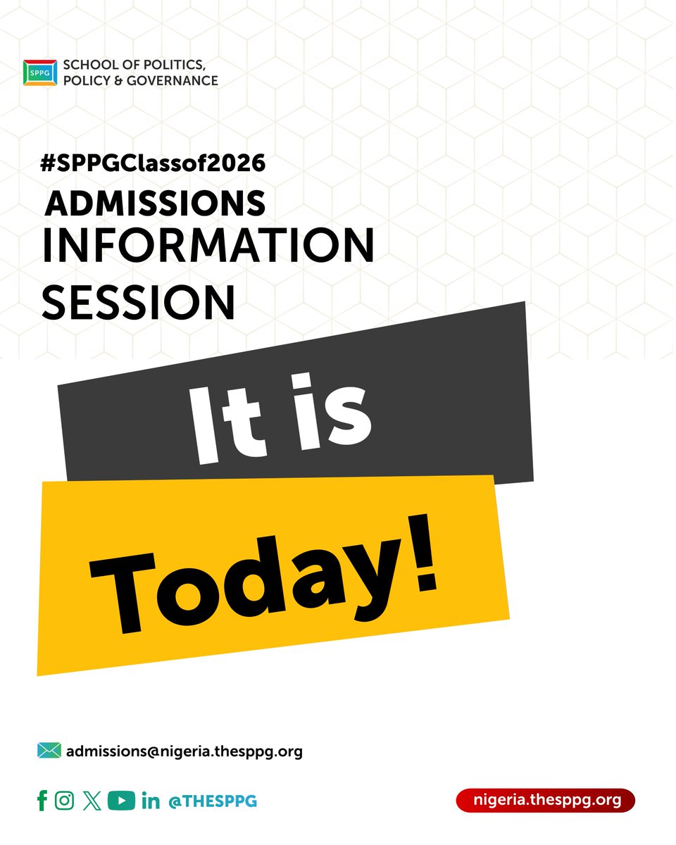 TheSPPG's tweet image. 🚨 Happening Today! 🚨
The highly anticipated SPPG Admissions Information Session is finally here!
Don’t miss your chance to learn everything you need to know about applying to the School of Politics, Policy and Governance.
📅 Date: Today, July 19, 2025
🕙 Time: 10:00 AM…