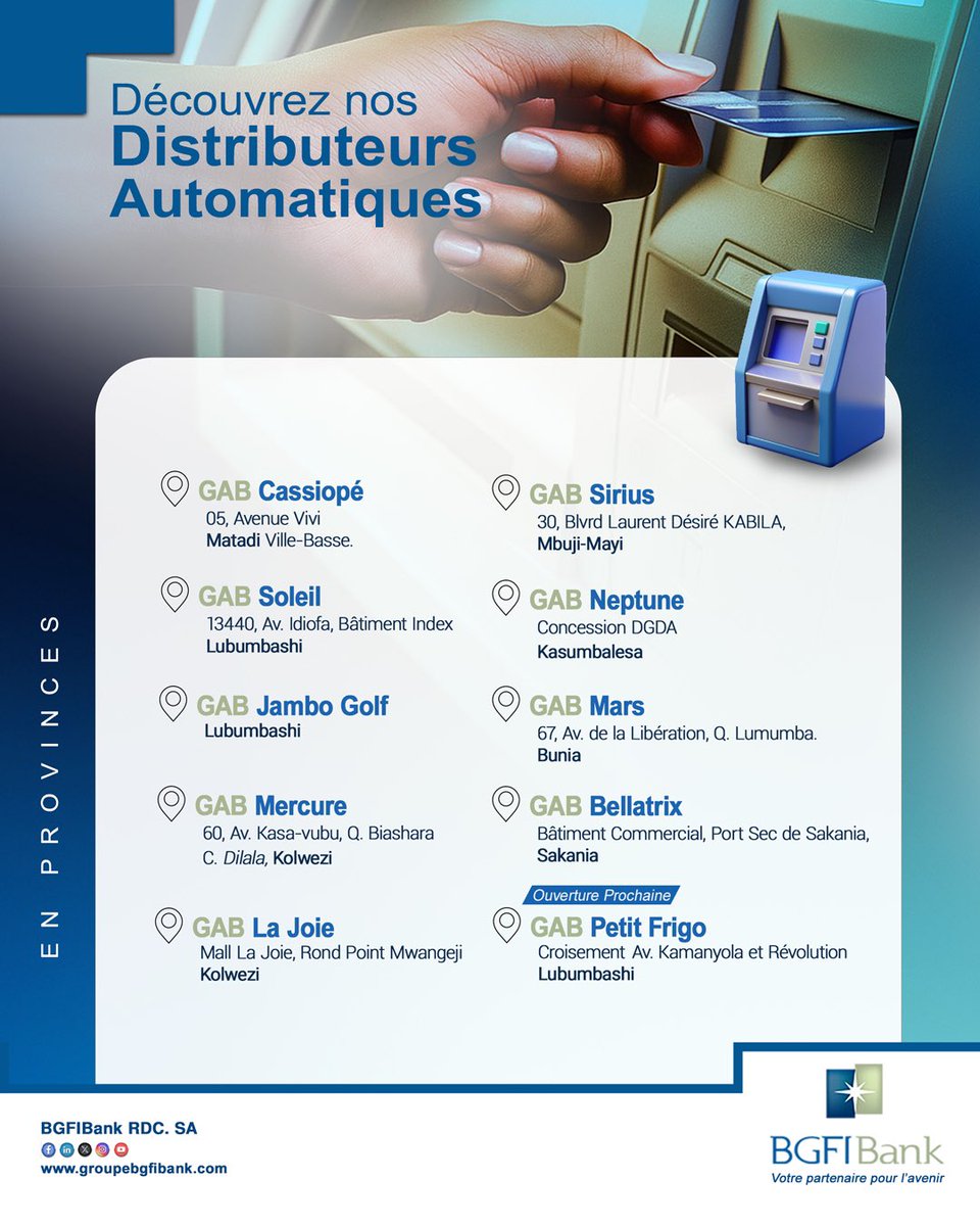 Passez un bon weekend !
Avec notre réseau de GAB disponible à toute heure, faites vos retraits en toute sécurité et profitez pleinement de votre fin de semaine. 

#BGFIBankRDC #GAB #ATM #Weekend