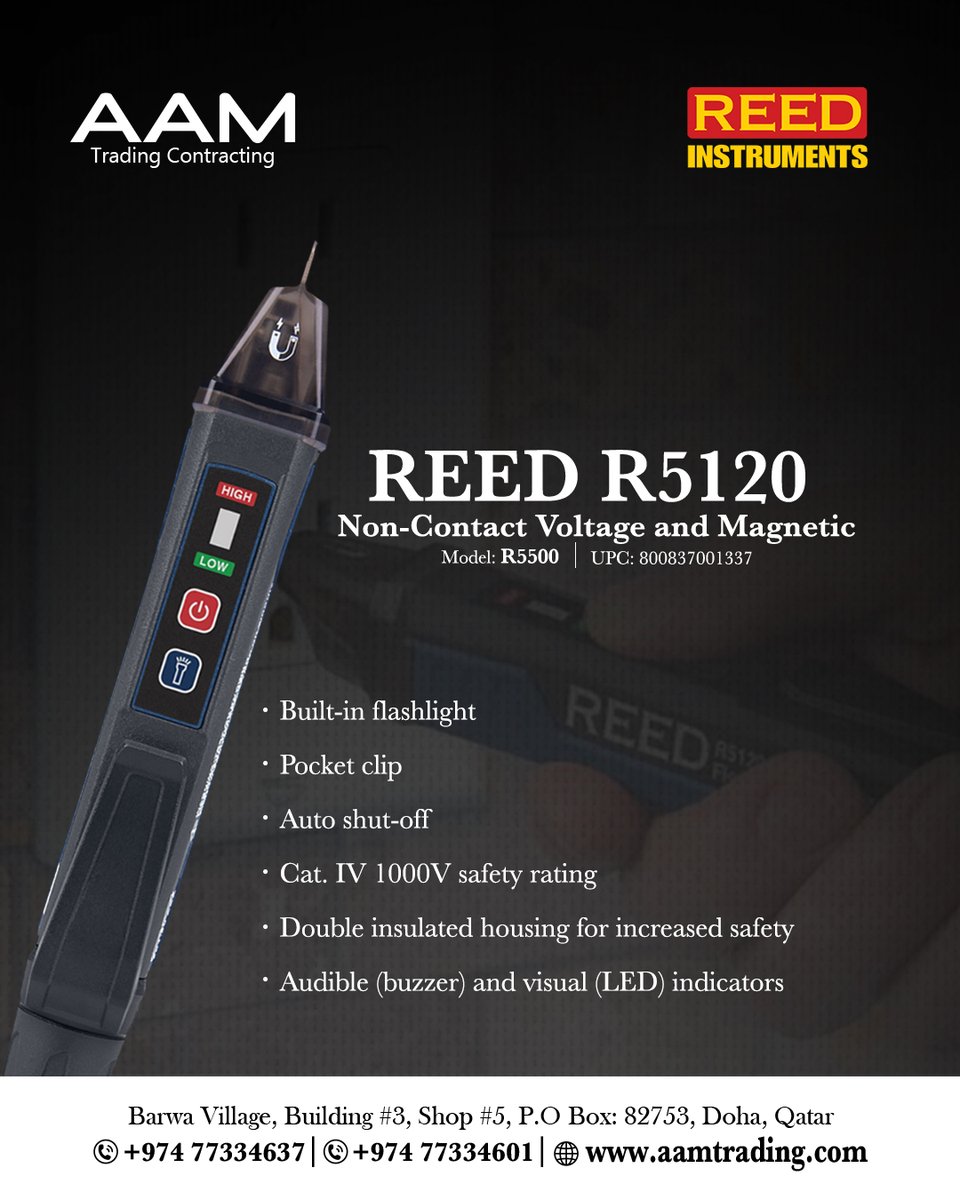 aam__trading's tweet image. The REED R5120 Voltage Detector keeps you safe by sensing AC voltage without contact! 
With dual voltage ranges (24–1000V &amp;amp; 90–1000V) and a built-in magnetic field detector, it’s your go-to tool for fast, reliable checks. 
#reedinstruments #aamtrading