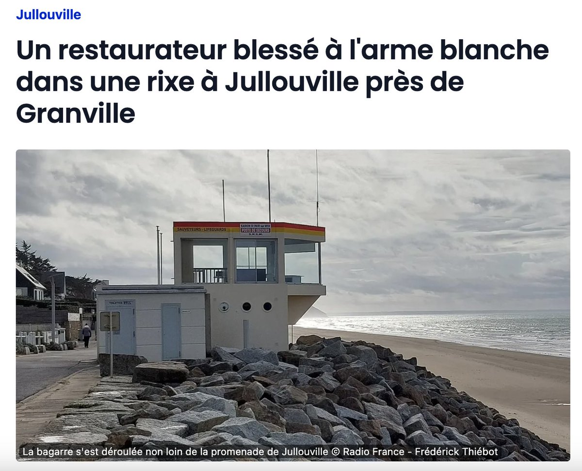 ojim_france's tweet image. 🔴30 délinquants sèment la terreur dans la station balnéaire de Jullouville, un commerçant poignardé : le service public accusé de manipuler ses lecteurs en évoquant simplement "une bagarre générale avec des jeunes".
(MàJ : Face au tollé, France bleu corrige son titre)