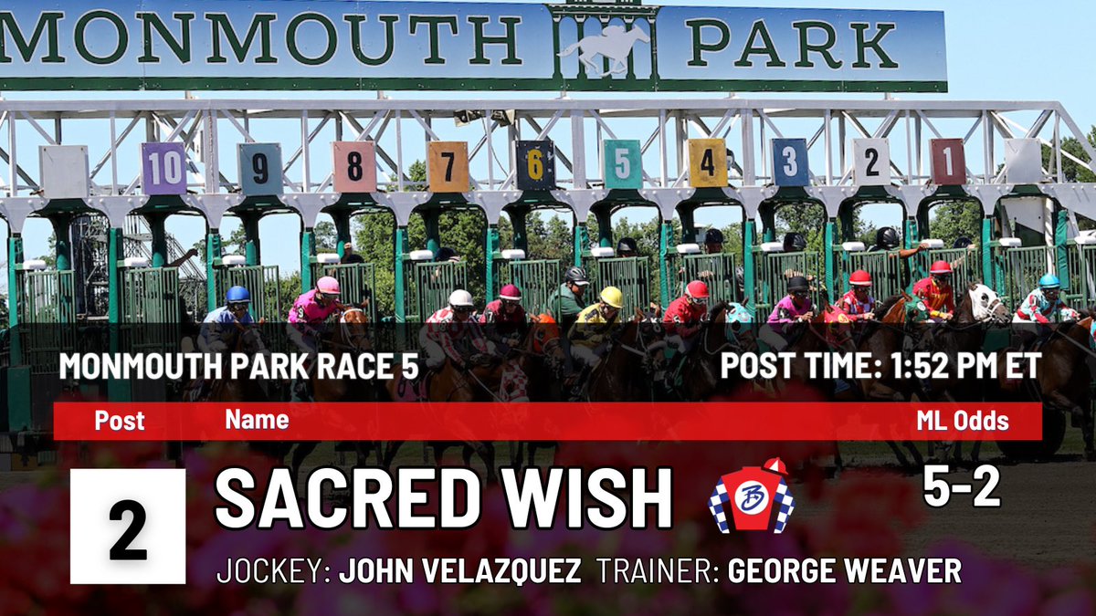 Black Type Thoroughbreds (@blacktypetb) on Twitter photo In today at #MonmouthPark: SACRED WISH is the 5-2 favorite in the $300k Matchmaker Stakes (G3)! <a href="/ljlmvel/">John Velazquez</a> gets the call for George Weaver. Post time at 1:52pm ET on <a href="/FanDuel_Racing/">FanDuel Racing</a> TV. LET’s GOOOO!! #BlackType #SacredWish #HaskellDay In today at #MonmouthPark: SACRED WISH is the 5-2 favorite in the $300k Matchmaker Stakes (G3)! <a href="/ljlmvel/">John Velazquez</a> gets the call for George Weaver. Post time at 1:52pm ET on <a href="/FanDuel_Racing/">FanDuel Racing</a> TV. LET’s GOOOO!! #BlackType #SacredWish #HaskellDay