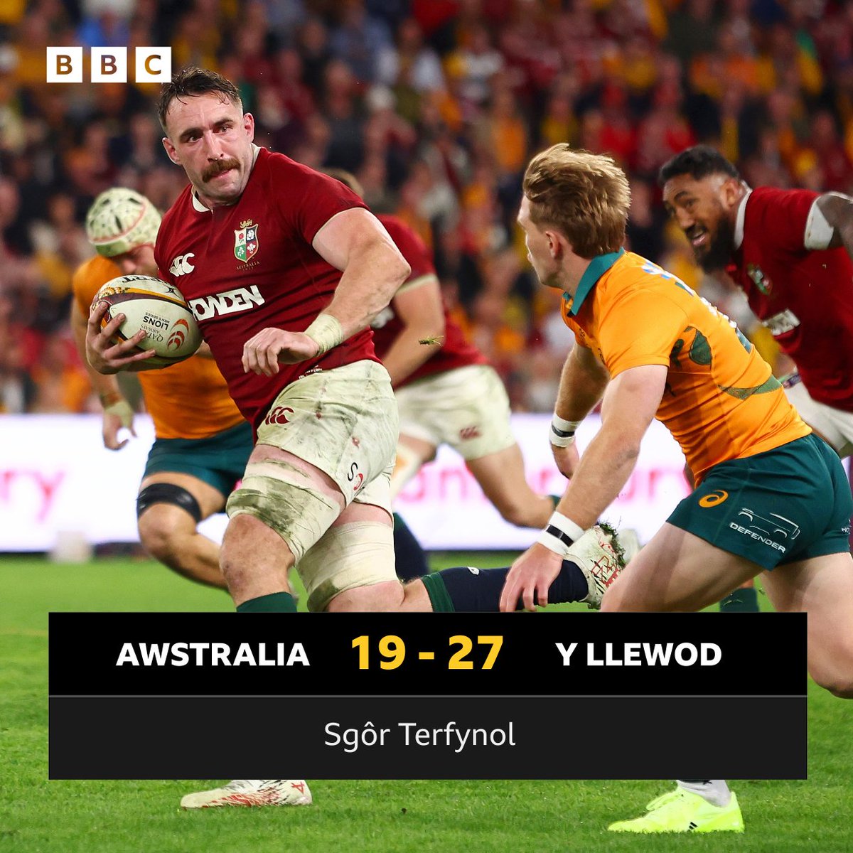 BBCChwaraeonRC's tweet image. SGÔR TERFYNOL
Y Llewod yn ennill y prawf cyntaf.
🇦🇺 Awstralia 19-27 Y Llewod 🦁