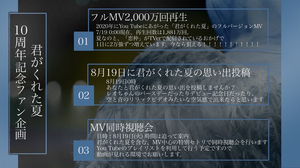/／

　「#君がくれた夏」10周年記念ﾌｧﾝ企画
    やるよ〜〜〜〜‼️‼️

\＼

今年8月19日で 君がくれた夏 は10歳!
せっかくなのでお祝いしたいと思い企画しました

やる事！

❶目指せMV2,000万回再生🎧

youtu.be/9qhJ1vhTH7A?si…

❷8/19に写真とタグをつけて思い出投稿📬
❸SPｾﾄﾘMV同時視聴会