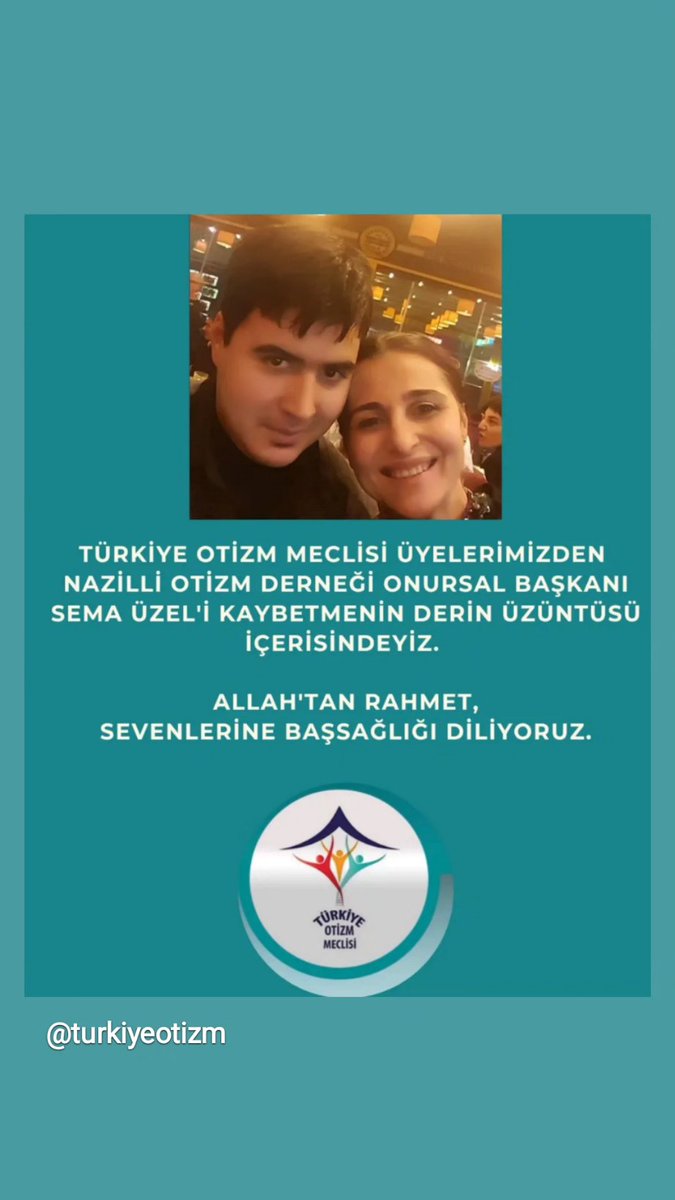 Türkiye Otizm Meclisi (<a href="/TrOtizmMeclisi/">Türkiye Otizm Meclisi</a> ) üyelerimizden, Nazilli Otizm Derneği Başkanı,  otizmli Berkay'ın annesi Avukat  Sema ÜZEL’in vefatı dolayısıyla kendisine Allah'tan rahmet; 
oğluna, ailesine  ve otizm camiasına başsağlığı dileriz.

Nur içinde yatsın.🌷