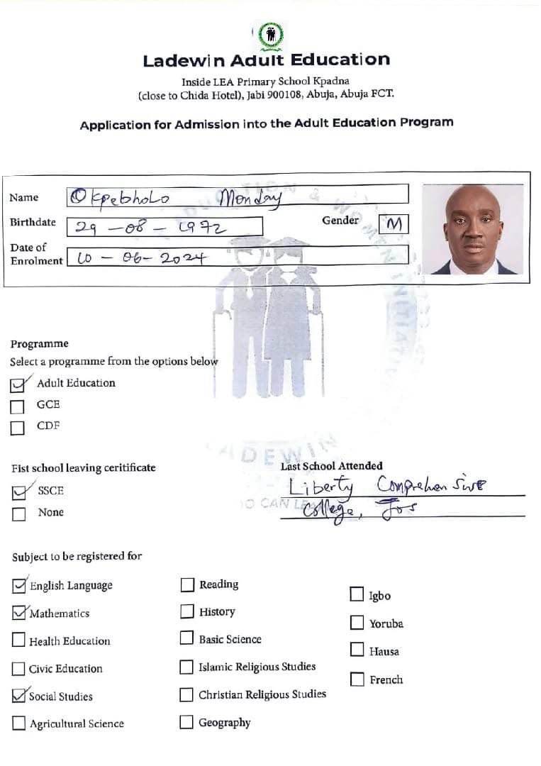 Monday wey register for adult education which day here? He dey use Peter Obi practice English wey dem teach am