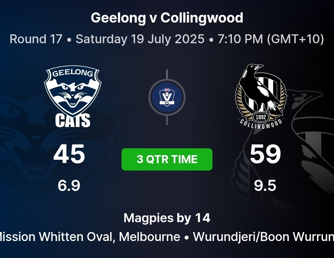 RV_27's tweet image. .@VFL
♂️3/4 time
At Mission Whitten Oval
Geelong 6.9.45 🆚 VFLMagpies 9.5.59
Pies by 14
Goals
R Steele 3
L Hude 2
A Johnson 2
N Howes 1
H Mahoney 1
Possessions
Grey 26
DeMattia 20
Parker 20
Glover 14
H Mahoney 14
Steene 14
Steele 12
#GoPies
#VFLMagpies