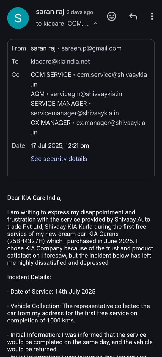 psaraen's tweet photo. @KiaInd Unacceptable and shocking service experience
Damage during 1st service of newly purchased #KiaCarens
by @ShivaayKia Promised repairs, but more damages found Radio silence from official complaint dept despite escalation in official channel #CustomerService #KiaIndia #Fixit https://t.co/Mi60aPxKZm