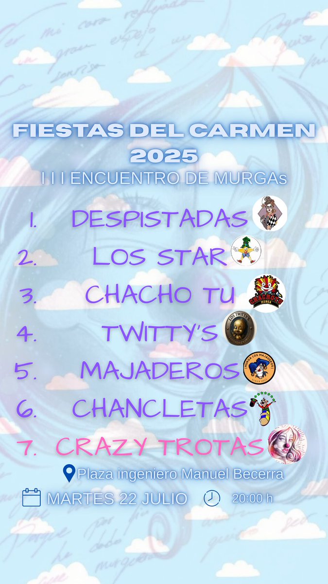 Este martes vamos a estar presentes en el Encuentro de Murgas de las fiestas del Carmen, dando inicio a una nueva temporada que venimos preparando con muchas ganas.
Es el primer paso de un año que promete, y no vemos la hora de compartirlo con ustedes.
¡Nos vemos ahí!