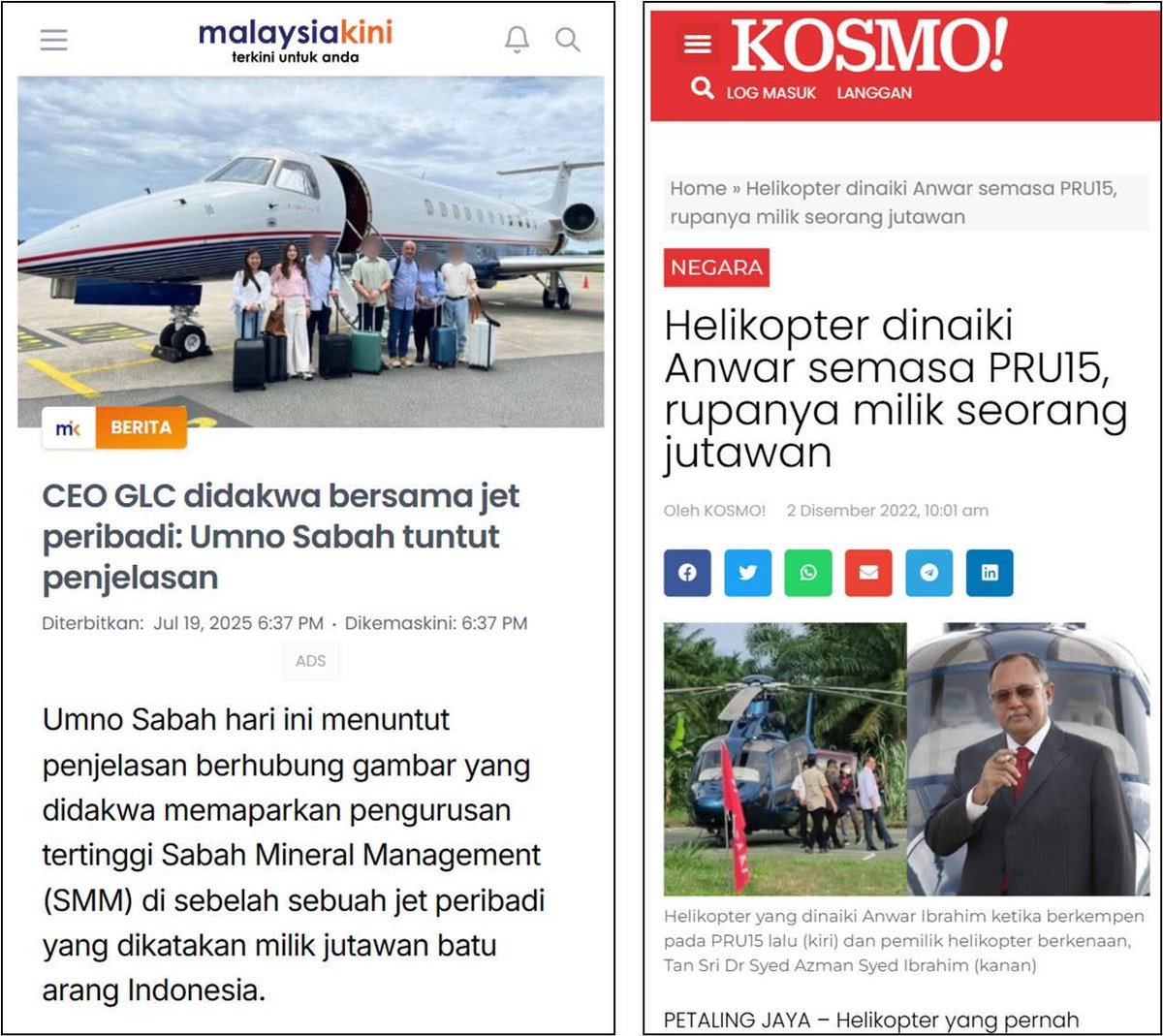 Malaysiakini keeps repeating the story of a Sabah GLC CEO flying on a tycoon’s jet who’s applying for a coal deal. Says it’s corruption, conflict of interest, etc. 

Fine, let MACC probe.

But during GE15, someone flew around in a tycoon’s heli. After becoming PM, gave same
