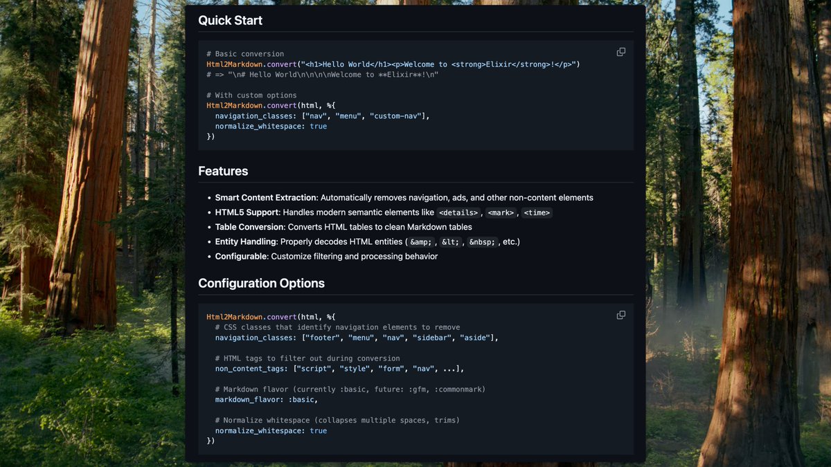th3mus1cman's tweet image. If you are working with LLMs in Elixir and want to convert HTML to something more compact like markdown checkout: github.com/agoodway/html2…
