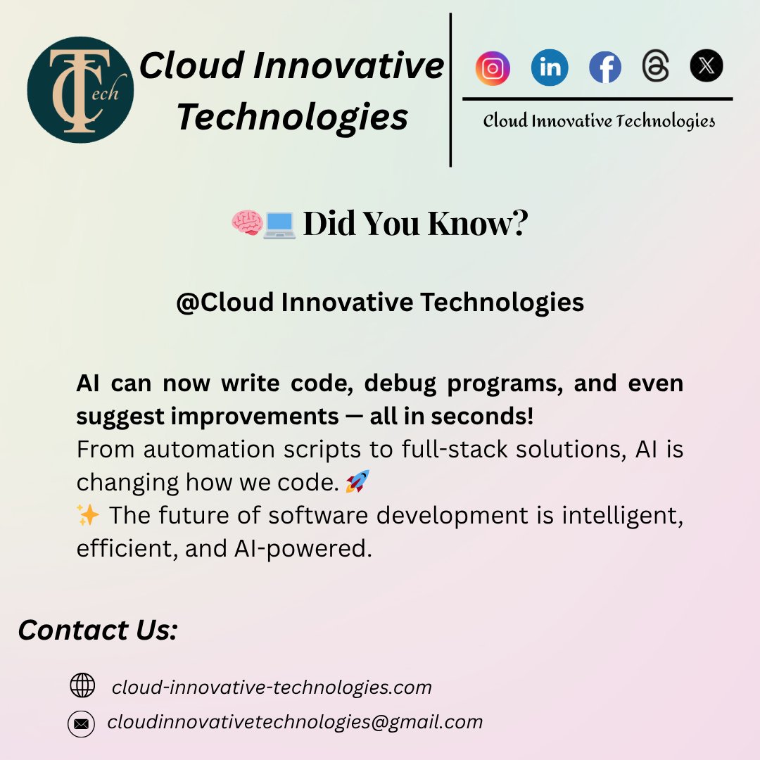 CloudInnovTech's tweet image. Hello Guys...
At Cloud Innovative Technologies, we leverage AI tools to speed up development, reduce errors, and boost innovation.
#AIWritingCode #AIDevelopment #CloudInnovativeTechnologies #CodeWithAI #FutureOfCoding @ChatGPTapp @OpenAI @grok @OpenAIDevs @ServiceNow @Odoo @Apple