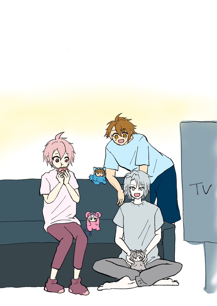 oshikatuaka_'s tweet image. お絵描きアプリ練習94日目
トリガハウスでまったりするトリガ。
てんてんは夏でもエアコン対策で龍之介が編んだ毛糸の靴下履いていて欲しいし、シンメは年中素足希望
