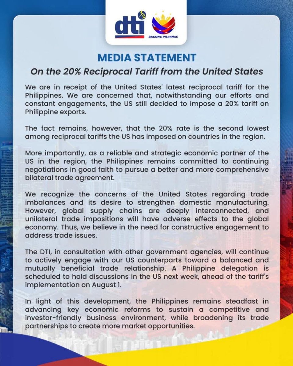 AnnaMalindogUy's tweet image. On the current U.S.-Philippines Agreement on Reciprocal Trade– Framework Negotiations. This according to a Philippine government insider, read below 👇
As you know, recently we are negotiating a key tariff agreement with the US, which is essentially an absolutely unequal treaty.…