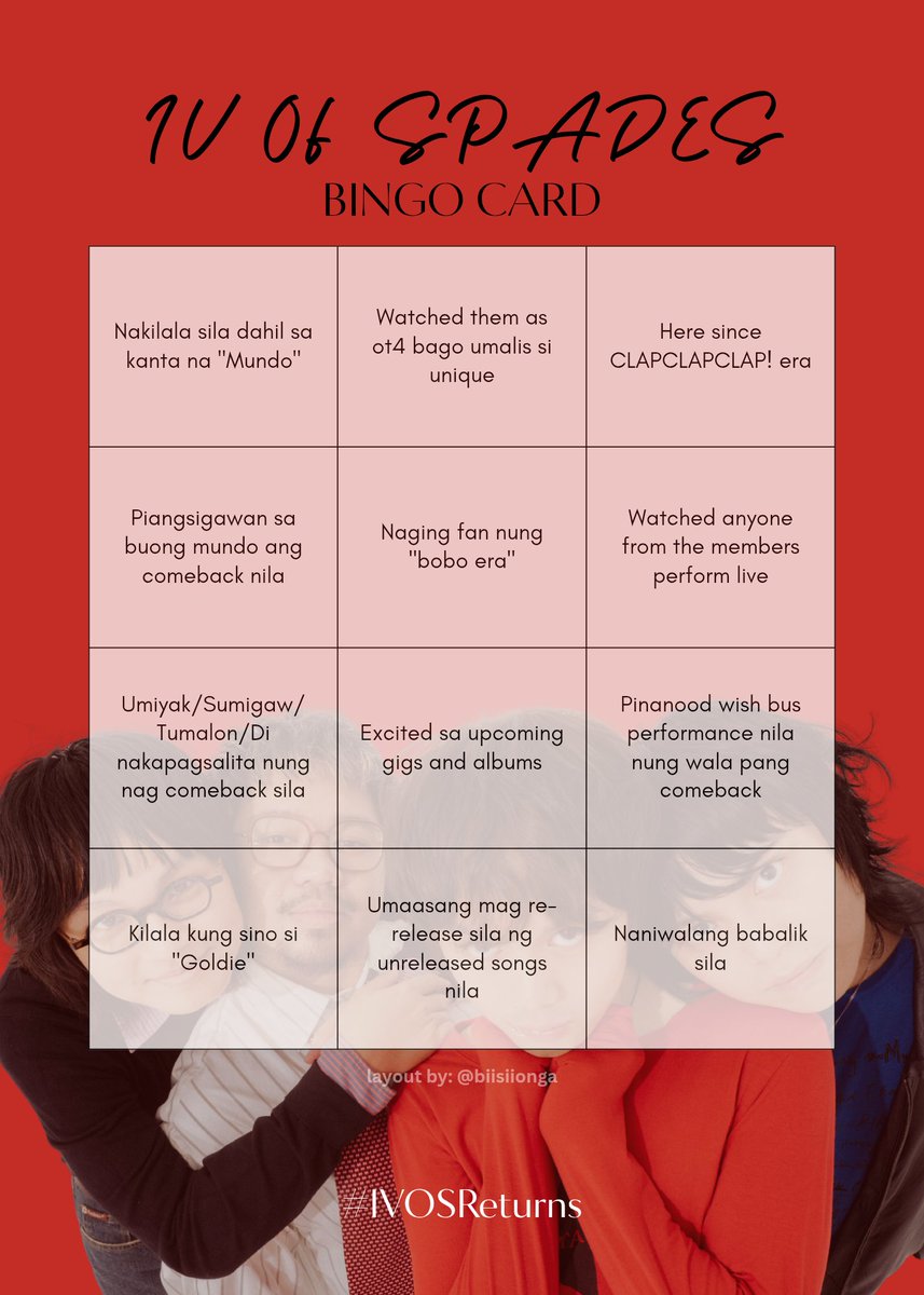 biisiionga's tweet photo. HELLO! let's play bingo !! feel free to use this ivos bingo card template and qrt this <3

IKAW PA RIN IV OF SPADES
#IVOSReturns
#StreamAURANow
@IVOFSPADES https://t.co/zV8eiENRQn