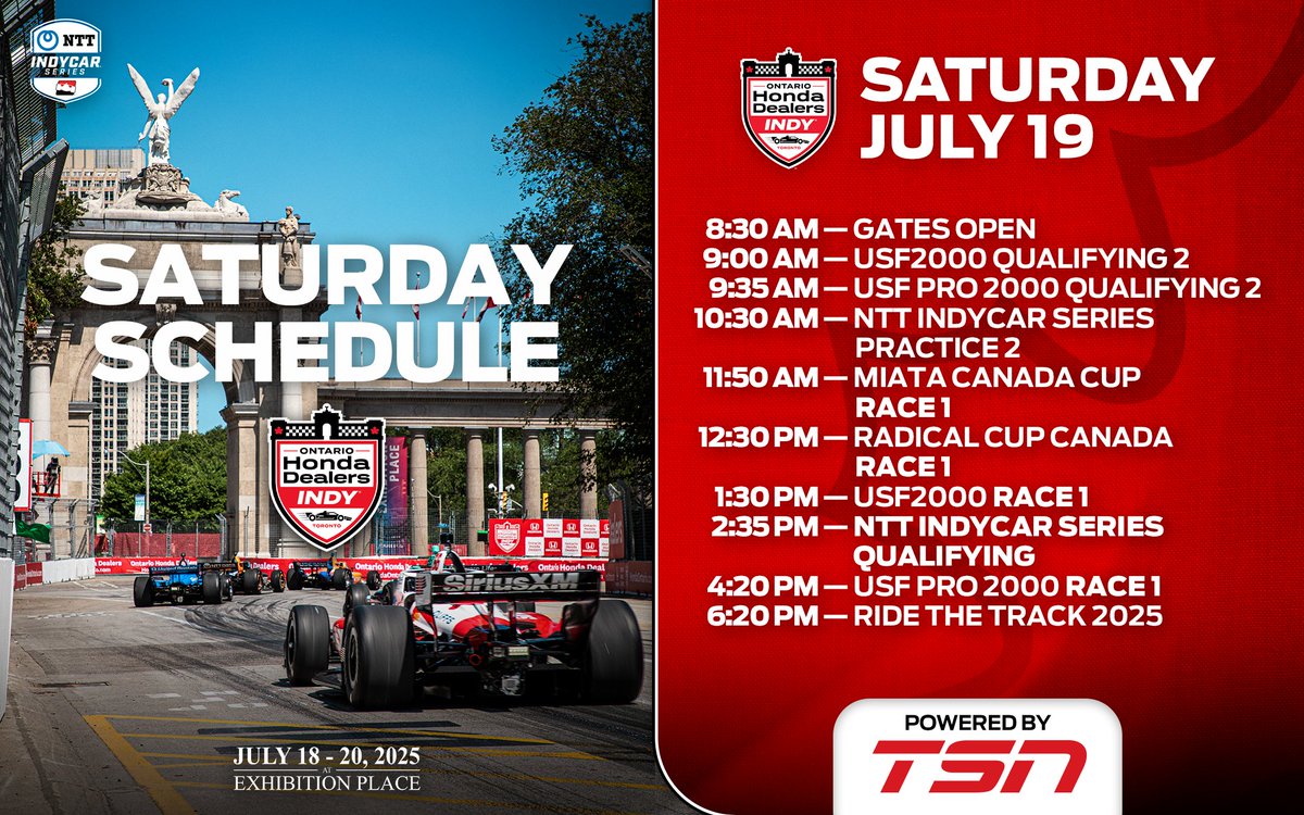 Ontario Honda Dealers Indy Toronto (@hondaindy) on Twitter photo Welcome to day 2⃣ of the Ontario Honda Dealers Indy Toronto
For Saturday, we've got FOUR races, <a href="/IndyCar/">NTT INDYCAR SERIES</a> qualifying, and <a href="/BreakfastClubz/">The Children's Breakfast Clubs</a> Ride the Track! Stay on top of the action with our daily schedule powered by <a href="/TSN_Sports/">TSN</a>
#indyTO Welcome to day 2⃣ of the Ontario Honda Dealers Indy Toronto
For Saturday, we've got FOUR races, <a href="/IndyCar/">NTT INDYCAR SERIES</a> qualifying, and <a href="/BreakfastClubz/">The Children's Breakfast Clubs</a> Ride the Track! Stay on top of the action with our daily schedule powered by <a href="/TSN_Sports/">TSN</a>
#indyTO