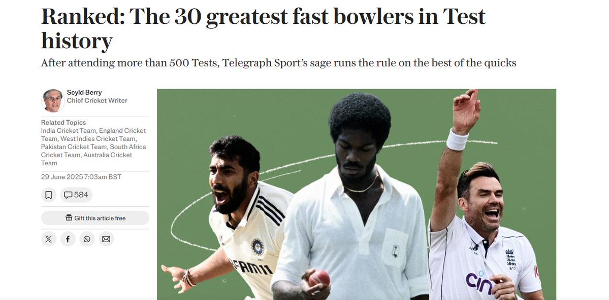 Pavan Jha (@p1j) on Twitter photo Scyld Berry (<a href="/scyldberry/">Scyld Berry</a> Chief Cricket Writer, The Telegraph UK ) recently selected his list of 30 greatest fast bowlers of all time.
Was scrolling the list from top to down and was so disappointed not to find any Indian bowler in the list [England-5 , Australia-9, West Scyld Berry (<a href="/scyldberry/">Scyld Berry</a> Chief Cricket Writer, The Telegraph UK ) recently selected his list of 30 greatest fast bowlers of all time.
Was scrolling the list from top to down and was so disappointed not to find any Indian bowler in the list [England-5 , Australia-9, West
