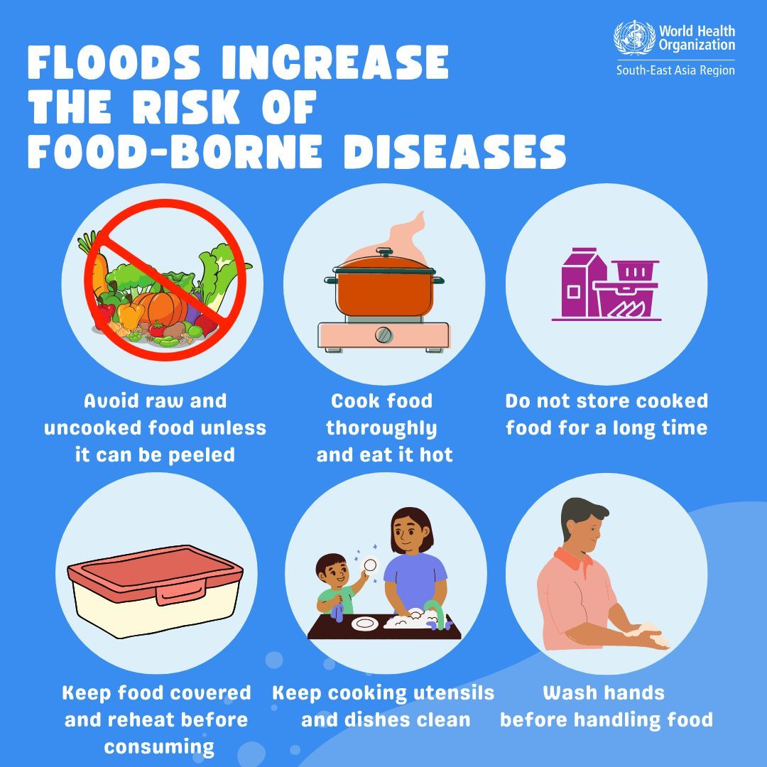 WHOSEARO's tweet image. Floods increase 📈 the risk of food-borne diseases. Take appropriate precautionary measures.
#FloodSafety #HealthAwareness #StaySafe #PublicHealth