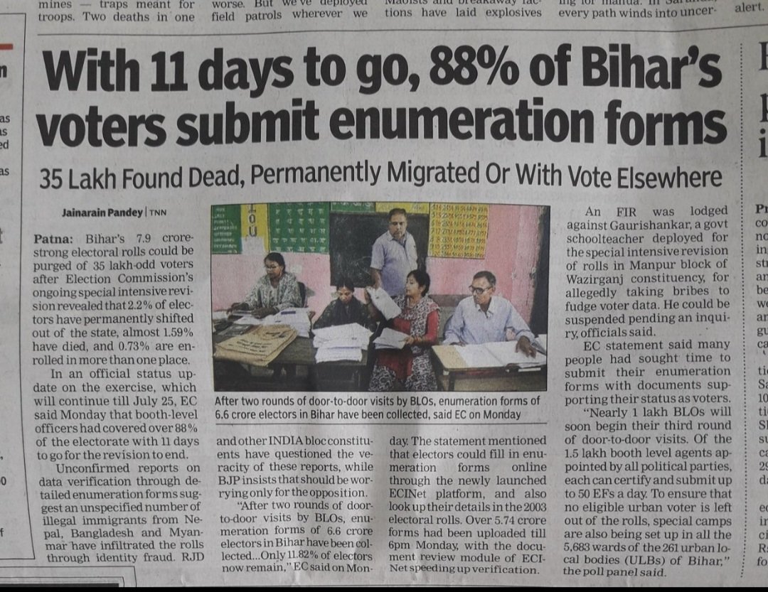 DrJwalaG's tweet image. Bihar SIR: Only 6.85% of voters yet to submit their enumeration
Nothing as interesting as Bihar politics right now .
#BiharElections #biharvoterlist #ECI