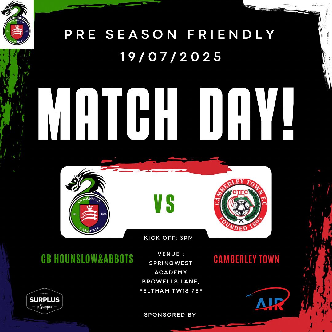 CB Hounslow & Abbots FC (@cbhounslowutd) on Twitter photo TODAYβS THE NEXT CHALLENGE π₯ Building on our 3-2 win, weβre focused on todayβs match! πͺπ½ All eyes on the pitch as we take on <a href="/CamberleyTownFC/">Camberley Town</a> Letβs keep the momentum going! ππ½ #UpTheDragons #PreSeason #Surrey #NextMatch #Football #Momentum #GrassRoots #TeamWork #NewBeginnings TODAYβS THE NEXT CHALLENGE π₯ Building on our 3-2 win, weβre focused on todayβs match! πͺπ½ All eyes on the pitch as we take on <a href="/CamberleyTownFC/">Camberley Town</a> Letβs keep the momentum going! ππ½ #UpTheDragons #PreSeason #Surrey #NextMatch #Football #Momentum #GrassRoots #TeamWork #NewBeginnings