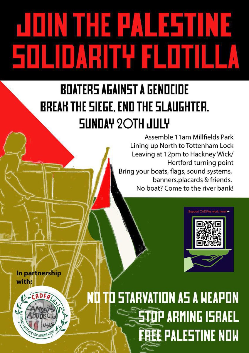hackney4pal's tweet image. This is happening tomorrow! Come and show support ❣️🇵🇸
Assemble 11am Millfields Park
Join the Palestine Solidarity Flotilla