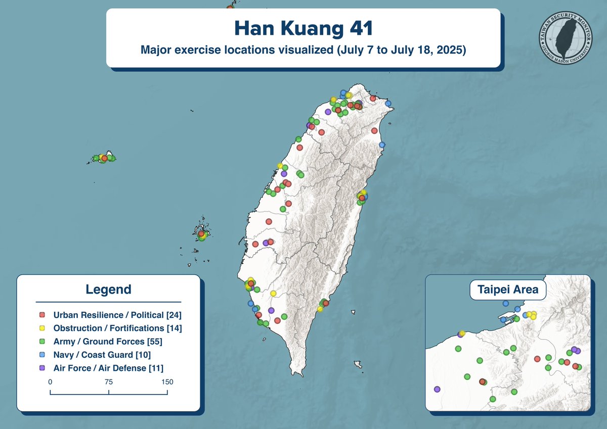 TaiwanMonitor's tweet image. NEW: Below is TSM's poster breaking down Han Kuang 41!
It contains the location and category of major exercises that occurred all over Taiwan, including the outlying islands and Penghu.
We've mapped every disclosed and geolocated exercise, starting from mobilizations on the…